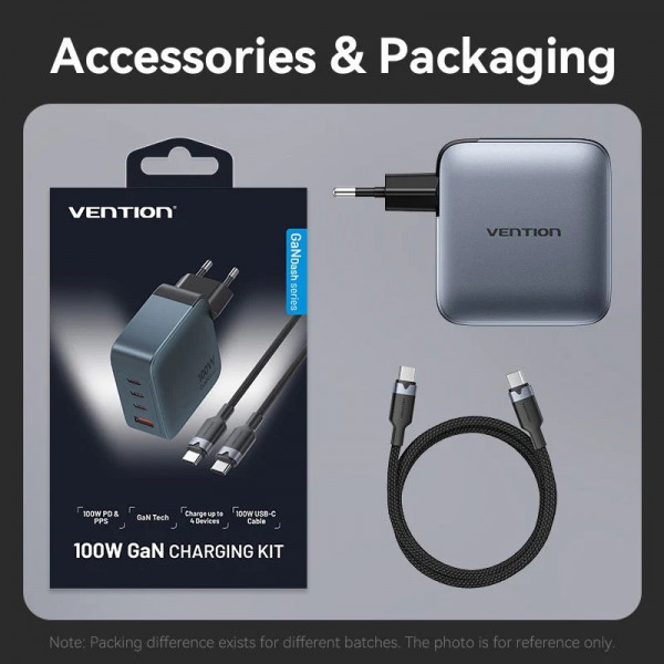 Зарядний пристрій 4xUSB 100W GaN (3хUSB-C+USB-A) + USB-C cable М-М Black Vention