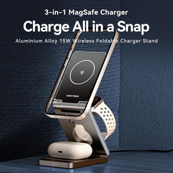 Зарядний пристрій Wireless 15W 3-in-1 Fast Charger Gray Vention