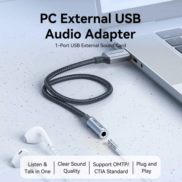 Звукова карта USB AUX jack, TRRS, 0.25м, OMTP та CTIA, обплетення, Vention