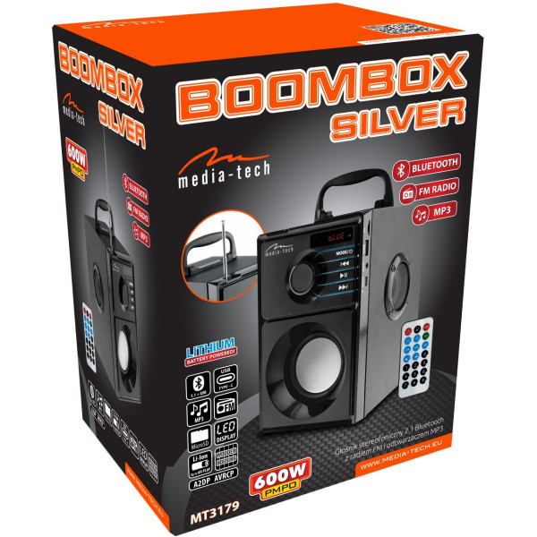 Акустична система 1.0 Media-Tech 15W, Bluetooth/FM/AUX/SD/USB/пульт/BOOMBOX, срібна мембрана, чорна
