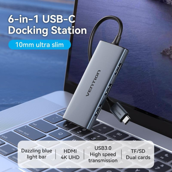 Док-станція USB3.0 Type-C -> HDMI 4K30Hz/TF/3xUSB-A 3.0, 0.15м 6-in-1 Vention