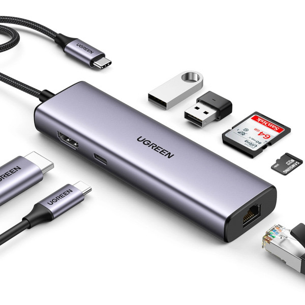 Док-станція USB3.1 Type-C -> HDMI 4K60Hz/USB 3.0x2/RJ45/SD/TF/PD 100W Ugreen CM512 Сіра