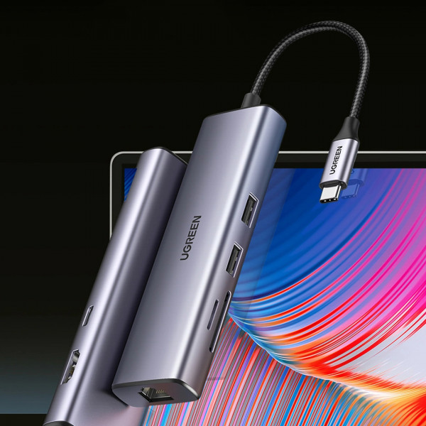 Док-станція USB3.1 Type-C -> HDMI 4K60Hz/USB 3.0x2/RJ45/SD/TF/PD 100W Ugreen CM512 Сіра