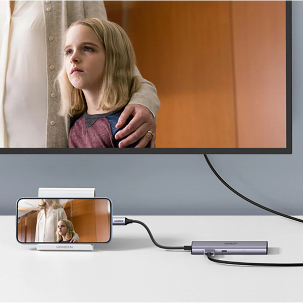 Док-станція USB3.1 Type-C -> HDMI 4K60Hz/USB 3.0x2/RJ45/SD/TF/PD 100W Ugreen CM512 Сіра