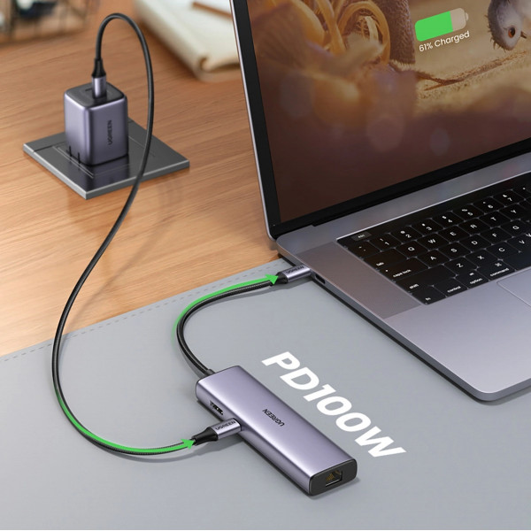 Док-станція USB3.1 Type-C -> HDMI 4K60Hz/USB 3.0x2/RJ45/SD/TF/PD 100W Ugreen CM512 Сіра