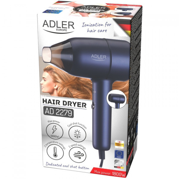 Фен Adler AD 2279b blue 1800Вт/ 2 швидкості/ хол.обдув/ темп.режимів-2/іонізація/ насадки - 1 шт.