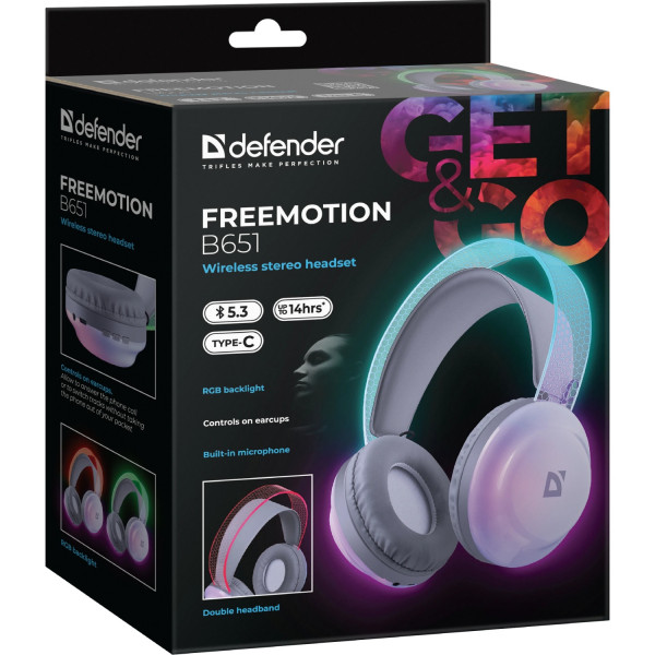 Гарнітура Defender FreeMotion B651 Bluetooth+3,5мм+USB-C, RGB White