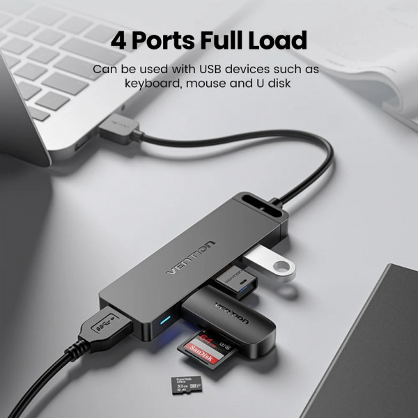 Хаб USB 3.0 -> 4xUSB 3.0, 1.0м, з живленням Micro-USB,чорний Vention