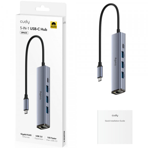 Хаб USB 3.0 Type-C -> 3хUSB-A, 1хUSB-C (5 Гбіт/с), 1xGigabit Ethernet port, алюмінієвий корпус, Cudy