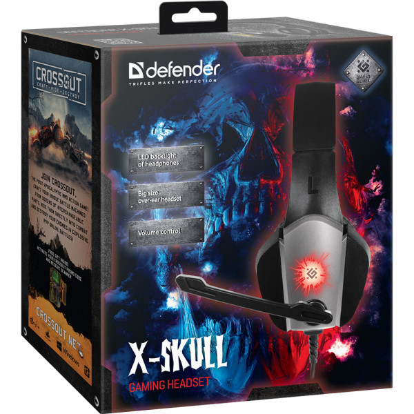 Ігрова гарнітура Defender X-Skull чорно-сіра, кабель 2.1 м