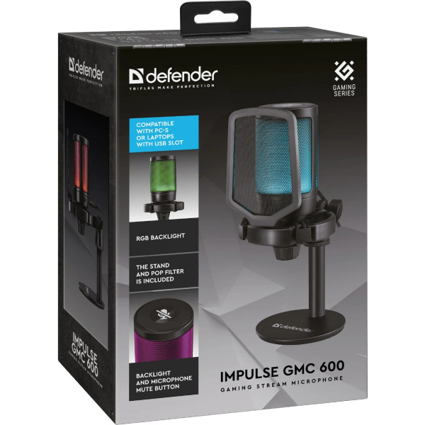 Ігровий стрім мікрофон Defender Impulse GMC 600 USB, RGB, 1.8м чорний