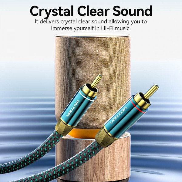 Кабель AUX Audio HiFi 2RCAx2 M/M 5.0м, OFC Silver, Zinc alloy, зелений, Vention
