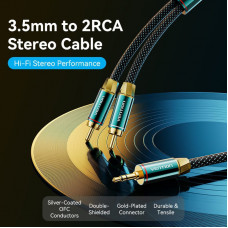 Кабель AUX Audio HiFi TRS 3.5мм - RCAx2 M/M 1.0м, OFC Silver, Cotton braided, зелений, Vention