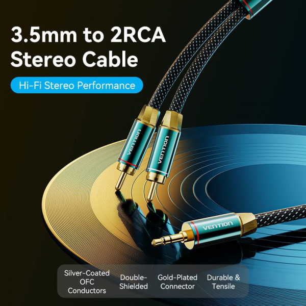 Кабель AUX Audio HiFi TRS 3.5мм - RCAx2 M/M 1.0м, OFC Silver, Cotton braided, зелений, Vention