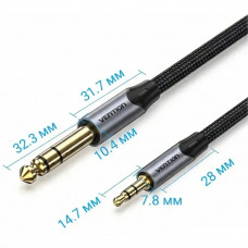 Кабель AUX Audio TRS M-M 3.5мм-6,35мм, 1.5м, сірий, Aluminum Alloy, Vention