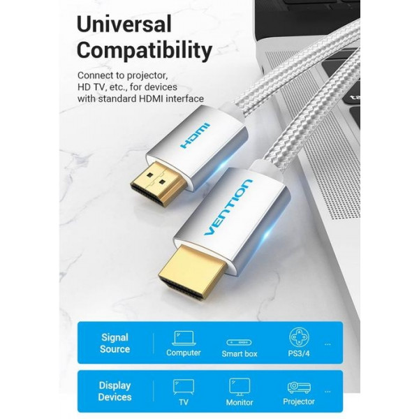 Кабель HDMI M - M, 8.0м, V2.0, 4K 60Гц, обплетення, Silver Metal Type Vention