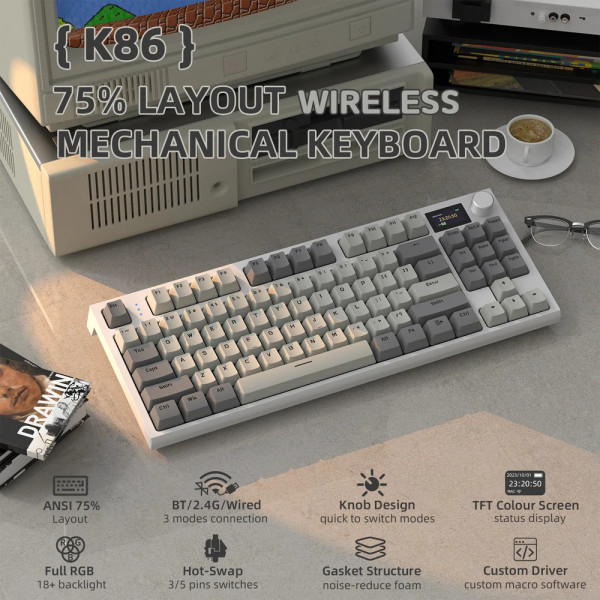 Клавіатура ігрова механічна Attack Shark K86 87кл.RGB,Wireless, Business Gray