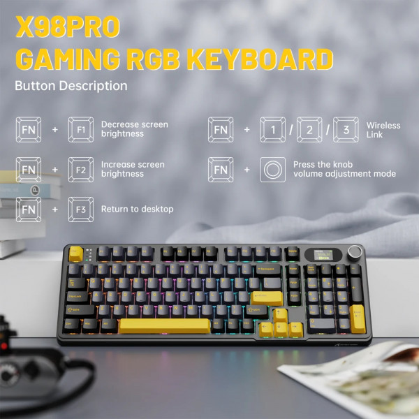 Клавіатура ігрова механічна Attack Shark X98 Pro 99кл. RGB, Wireless, TFT disp., Star Black