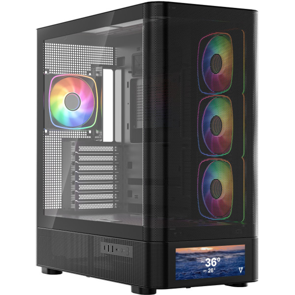 Корпус Modecom VOLCANO AQ500 ARGB MIDI FRONT LCD 6,2”, 4x120mm fans BLACK без БЖ ATX