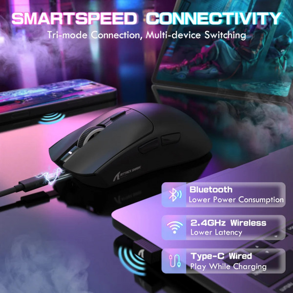 Мишка Attack Shark X1, Wireless/Bluetooth, 40000dpi. (PAW3395PRO), 6кн., Black