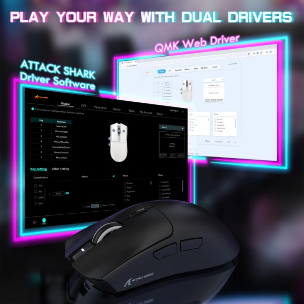 Мишка Attack Shark X1, Wireless/Bluetooth, 40000dpi. (PAW3395PRO), 6кн., Black