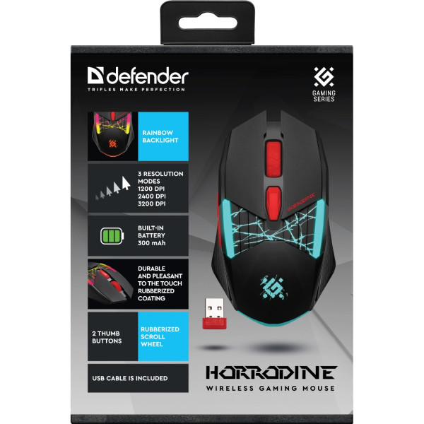 Мишка Defender Horrodine GM-237, бездротова, ігрова, 6кн., 3200 dpi., 320 mAh, чорна
