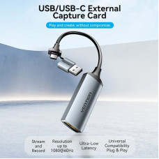 Перехідник HDMI F -> USB-C/USB-A M 0.1м сірий Vention