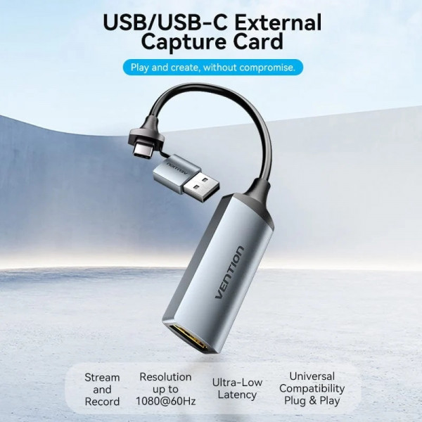Перехідник HDMI F -> USB-C/USB-A M 0.1м сірий Vention