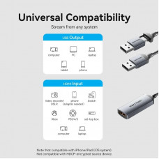 Перехідник HDMI F -> USB-C/USB-A M 0.1м сірий Vention