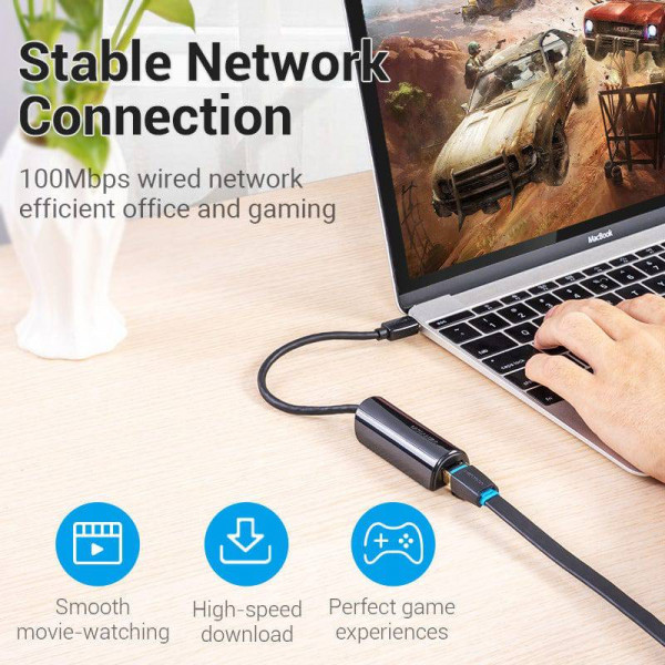 Перехідник USB 3.1 Type-C -> Ethernet RJ45 100Mb Vention чорний