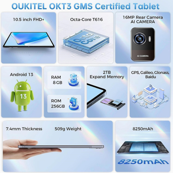 Планшет Oukitel OKT3 10.51" FHD /8GB/256GB/ T616 /8250mAh/ 16+8Мп /Dual SIM/ LTE /Чохол+Стилус/ Blue