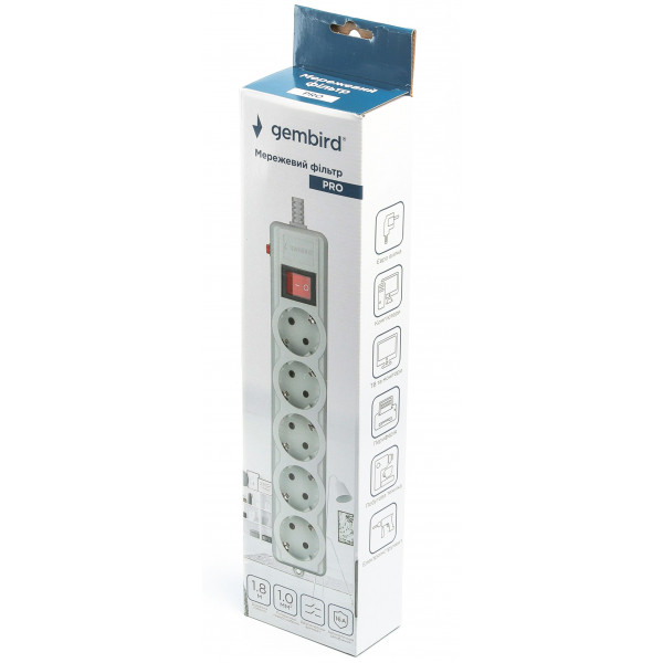Power filtr 1,8м Gembird, 5 розеток, сірий, 16A, 1мм2