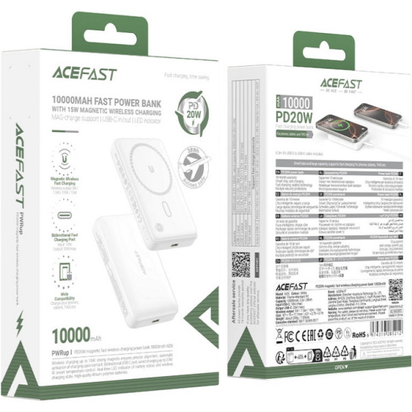 УМБ Acefast Magnetic Wireless 10000mAh 20W PD,QC 3.0, QI 15W, ультра тонкий, M26 White