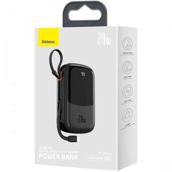 УМБ Baseus Qpow 20000mAh 20W,1xLightning,1xUSB,1xType-C In/Out PD3.0,QC3.0,built-in lightning, Black