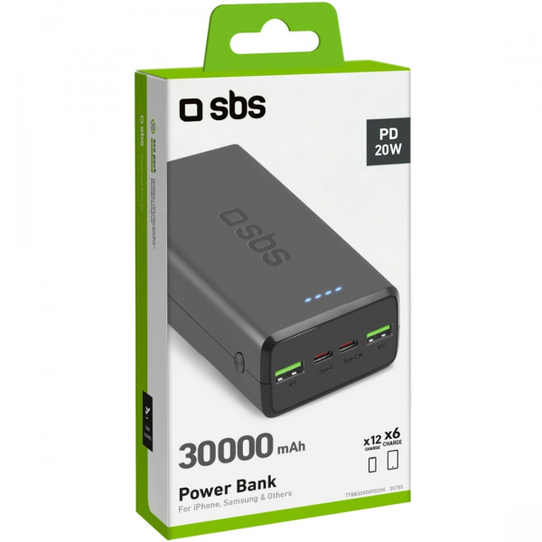 УМБ SBS 30000mAh 20W PD,QC, 2xUSB-A, 2xUSB-C Black