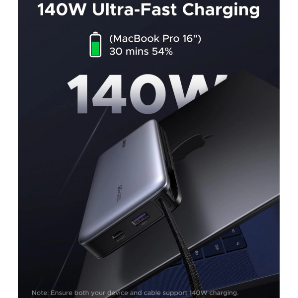 УМБ Ugreen 25000mAh 165W PD3.1/QC, USB-A,USB-С IN/OUT, with built in 2xUSB-C cables (PB552) Gray