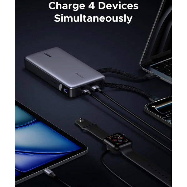 УМБ Ugreen 25000mAh 165W PD3.1/QC, USB-A,USB-С IN/OUT, with built in 2xUSB-C cables (PB552) Gray