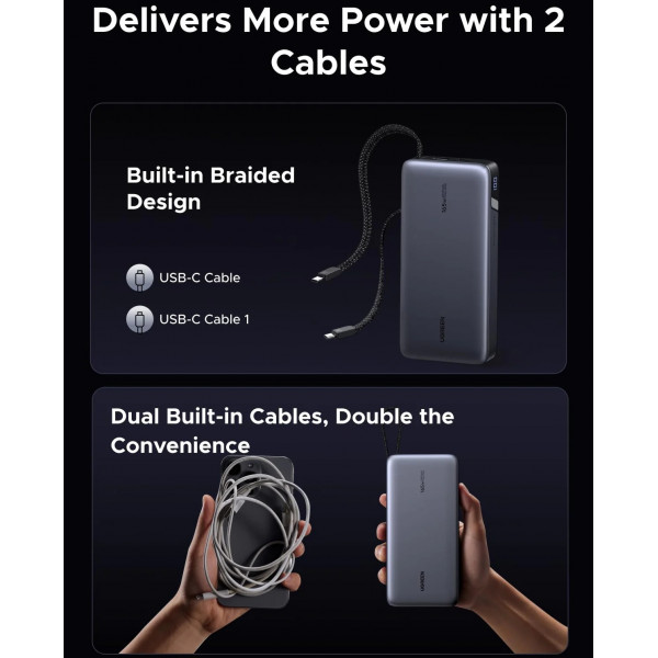 УМБ Ugreen 25000mAh 165W PD3.1/QC, USB-A,USB-С IN/OUT, with built in 2xUSB-C cables (PB552) Gray