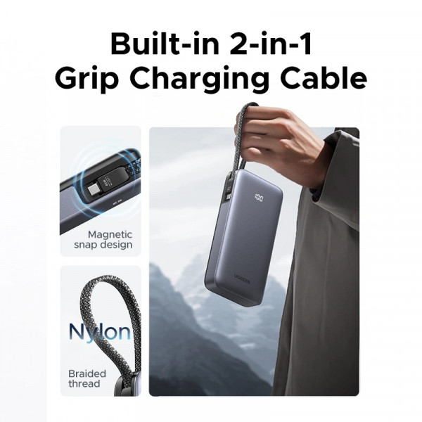 УМБ Ugreen 25000mAh 45W PD/QC, USB-A,USB-С IN/OUT, with built in USB-C cable (PB536) Gray
