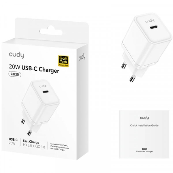 Зарядний пристрій 1xUSB 20W, (GaN, 1хUSB-C, QC+PD 3.0, вилка ЄС, для iPhone серії 12 та новіших мод.