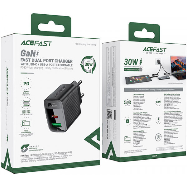Зарядний пристрій 2xUSB 30W (USB-C+USB-A) Gan A98 Black Acefast