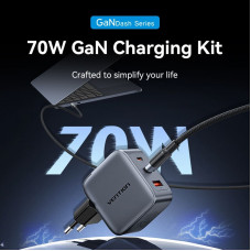 Зарядний пристрій 3xUSB 70W GaN (2хUSB-C+USB-A) + USB-C cable М-М Black Vention