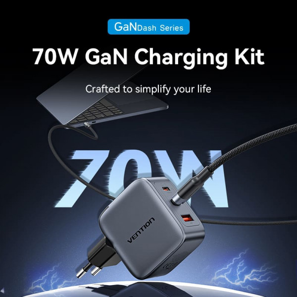 Зарядний пристрій 3xUSB 70W GaN (2хUSB-C+USB-A) + USB-C cable М-М Black Vention