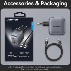 Зарядний пристрій 3xUSB 70W GaN (2хUSB-C+USB-A) + USB-C cable М-М Black Vention
