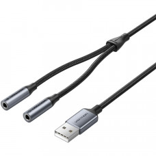 Звукова карта USB AUX jack, 2*TRS (Mic + Ear) 0.25м, обплетення, Aluminum Alloy Vention