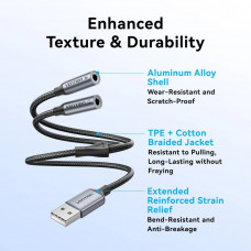 Звукова карта USB AUX jack, 2*TRS (Mic + Ear) 0.25м, обплетення, Aluminum Alloy Vention