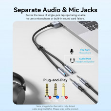 Звукова карта USB AUX jack, 2*TRS (Mic + Ear) 0.25м, обплетення, Aluminum Alloy Vention