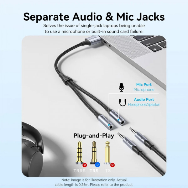 Звукова карта USB AUX jack, 2*TRS (Mic + Ear) 0.25м, обплетення, Aluminum Alloy Vention