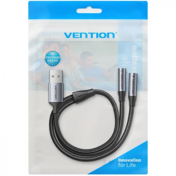 Звукова карта USB AUX jack, 2*TRS (Mic + Ear) 0.25м, обплетення, Aluminum Alloy Vention
