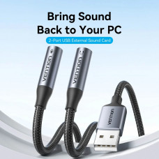 Звукова карта USB AUX jack, 2*TRS (Mic + Ear) 0.25м, обплетення, Aluminum Alloy Vention